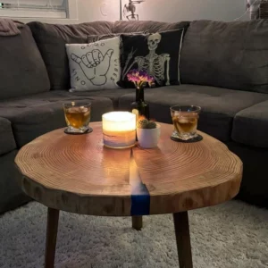 picture of a small live edge and resin coffee table in a nanaimo living room