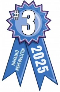 third place award badge from Nanaimo News Bulletin for best tree service company in Nanaimo 2025
